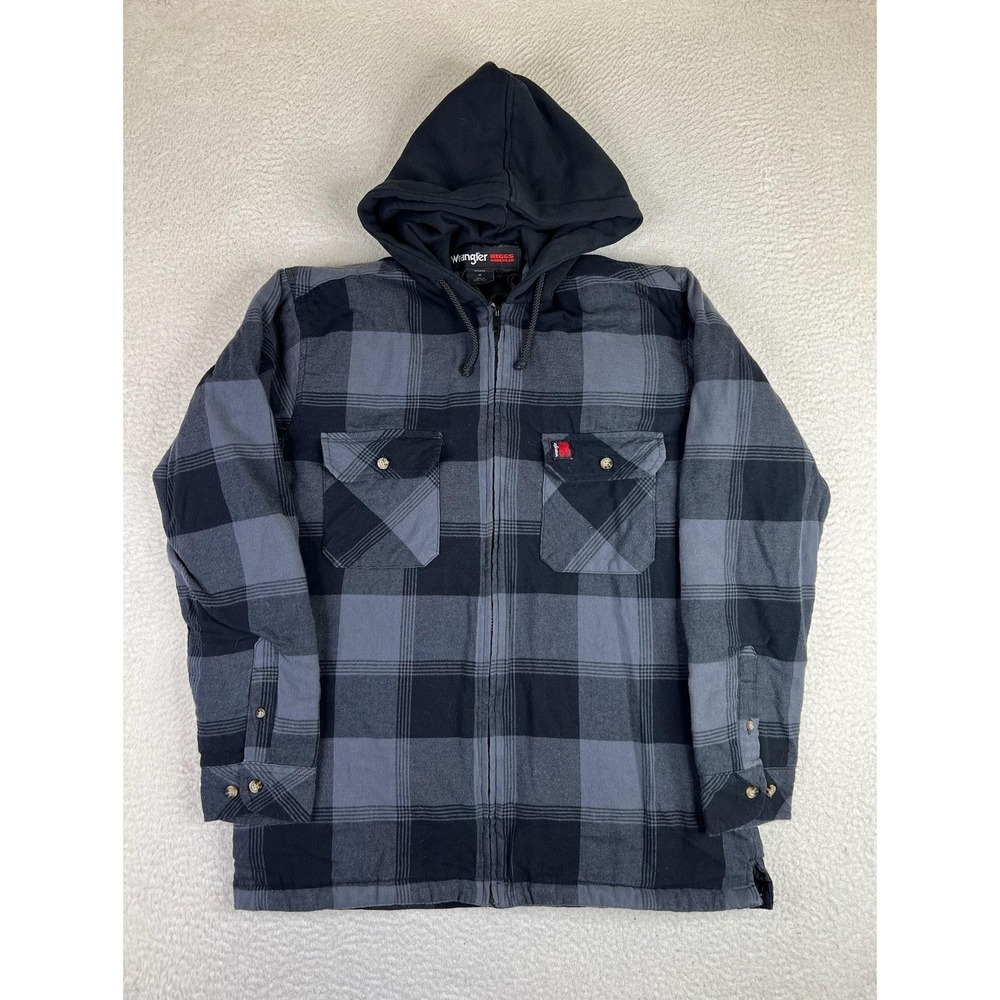 Wrangler Riggs Workwear Mens Medium Gray Black Plaid Hooded Quilted Shirt Jacket